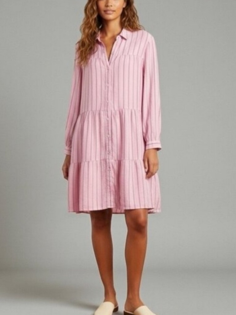 J. Jill Pink Striped Tiered Linen Button Down Shirt Dress Size Medium Tall - Picture 2 of 8